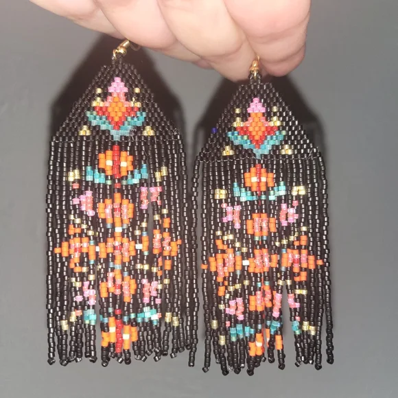 Handmade Beaded Floral Folk Blossoms Fringe Earrings  - Fiona - Picture 6 of 8